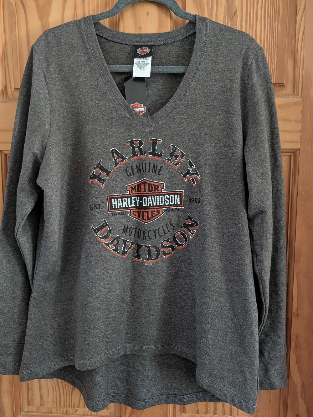 Harley-Davidson Women's Charcoal Gray V-Neck Long Sleeve Top Size XL NWT
